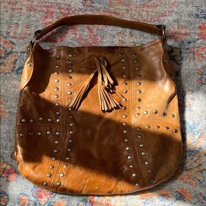 Sabina Distressed Tan Leather Hobo Bag with Stud Accents